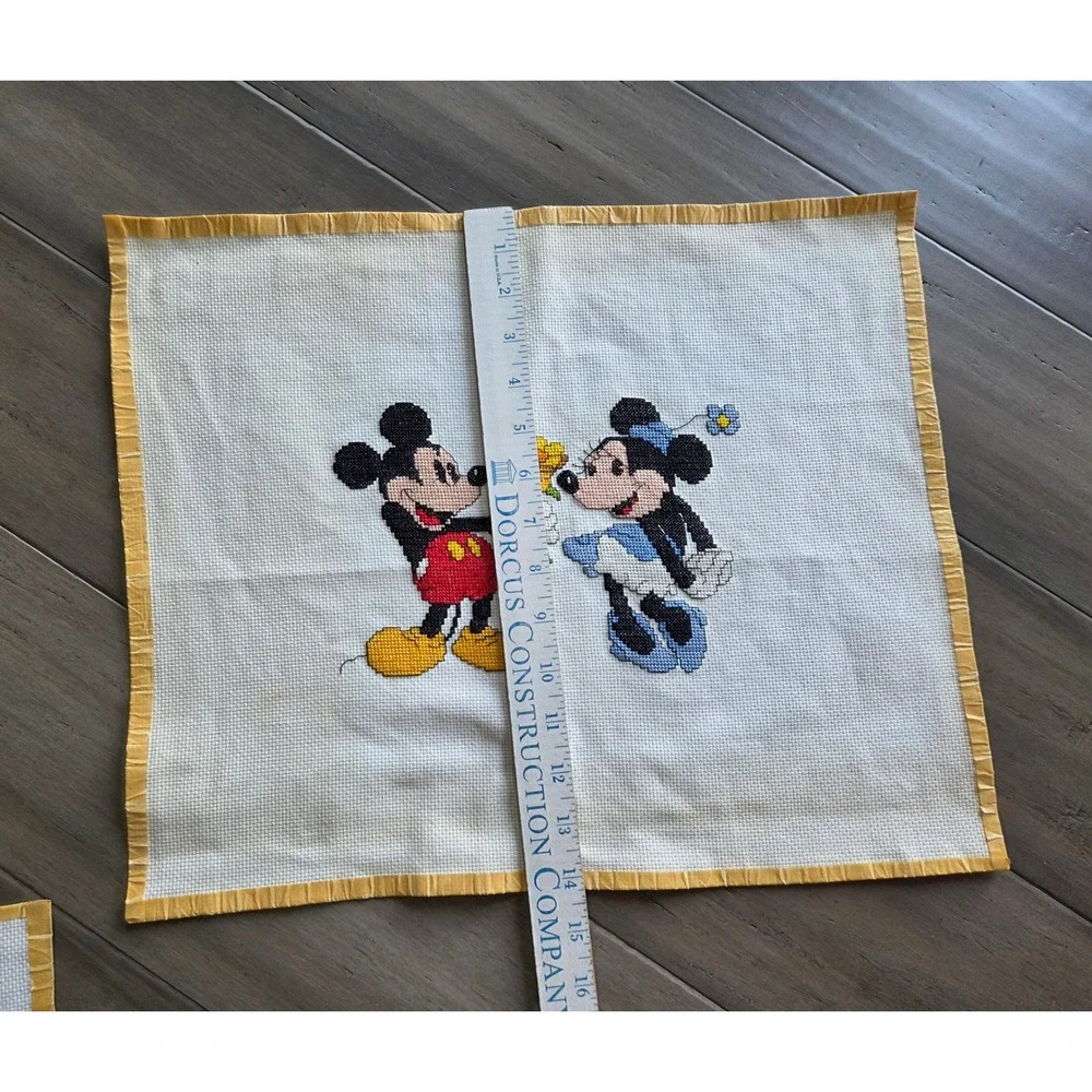 Vintage Disney Mickey Minnie Mouse Cross Stitch Set of 2 Finished, Unframed